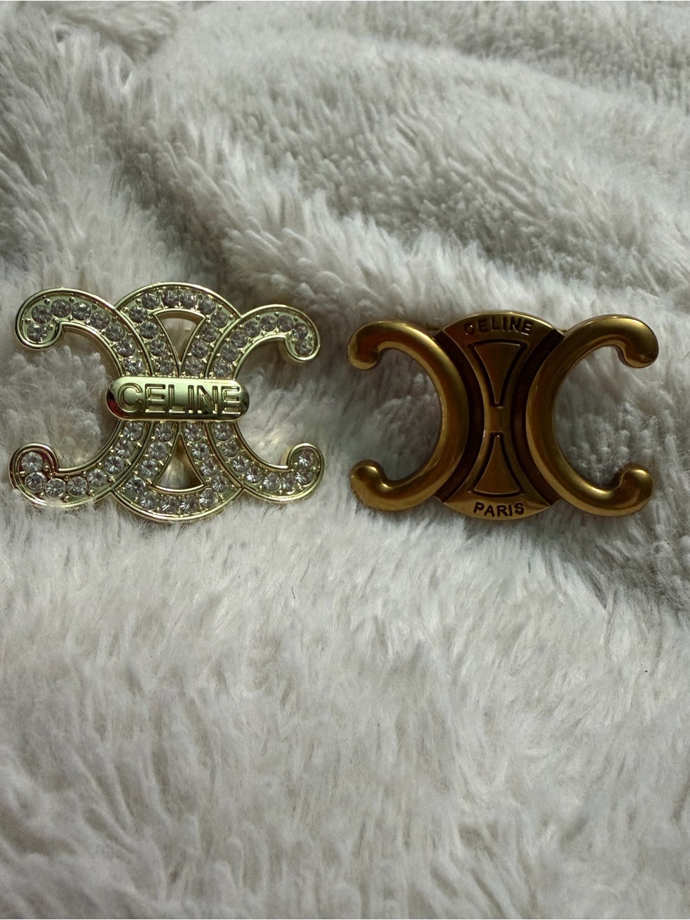 Duo  Triomphe Logo Brooch Set in Gold and Crystal